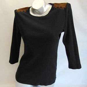 Western Black Stretch Ribbed Knit Top Faux Leather